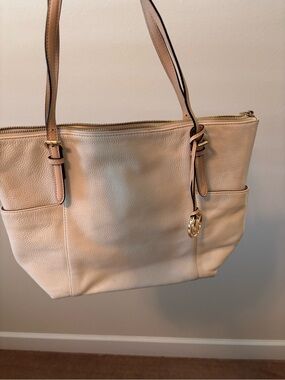 Michael Kors Cream Pebbled Leather Shoulder Tote with Gold Charm